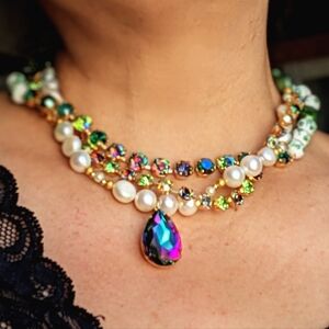Victorian Darling Green Volcano AB Crystals, Porcelain & Pearls Layered Necklace